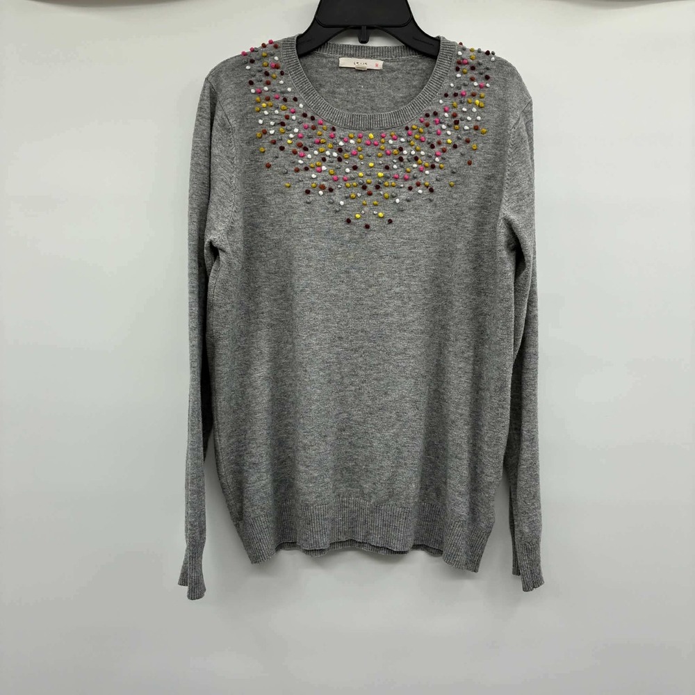Le Lis Sweater Womens L Gray Multicolor Pom Pom Crewneck Long Sleeve Boho